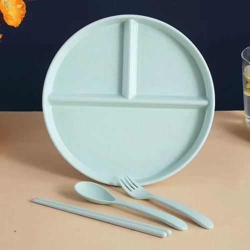 Wheat straw plastic compartment plate household fat-reducing dinner plate children's tableware three-compartment anti-fall separated healthy food plate