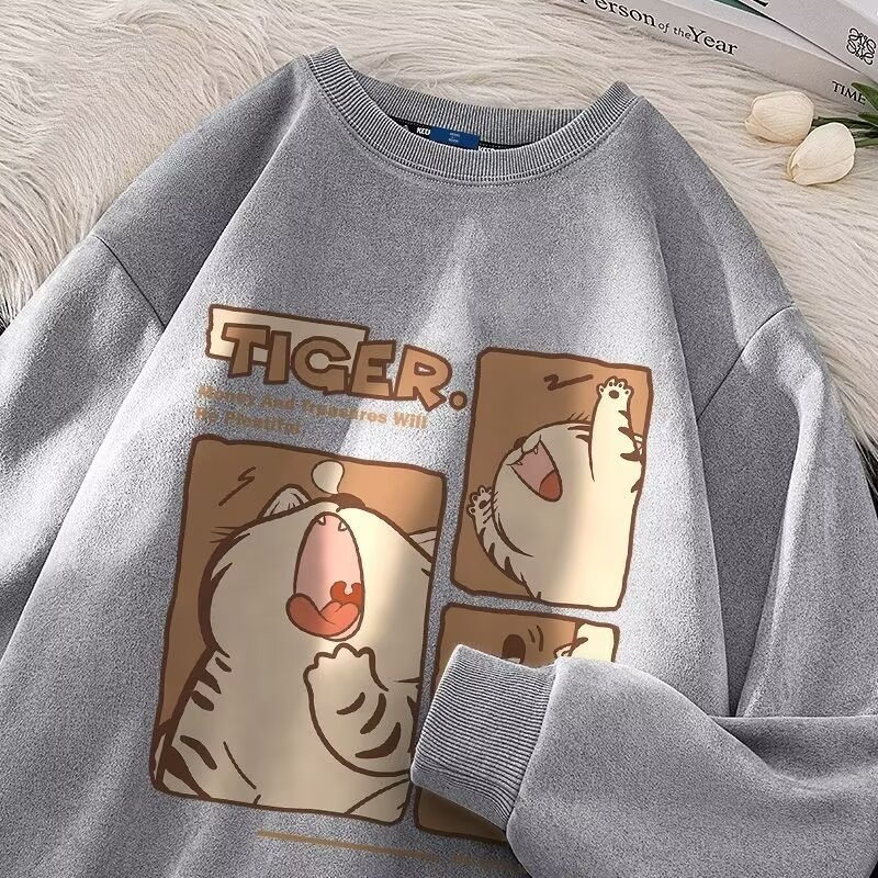 Cartoon Printed Suede Hoopless Sweater Men's Lazy Style Clothes Show Thin Fashion Trend_viptrois.com