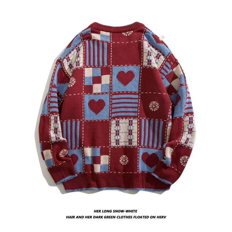 Men's Clothing retro plaid heart round neck sweater _voghion.com
