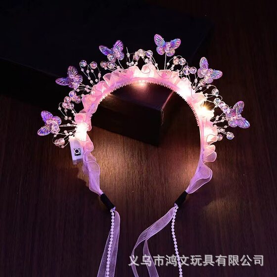 Summer Hot-Selling New Style Hairpin Luminous Headband Finished Colorful Butterfly Fairy Birthday Gift Girl Streamer Headdress
