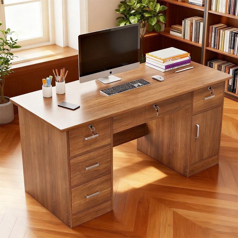 Office desk with lock, workbench with drawers, desk and chair combination for staff, home-use simple desktop computer table