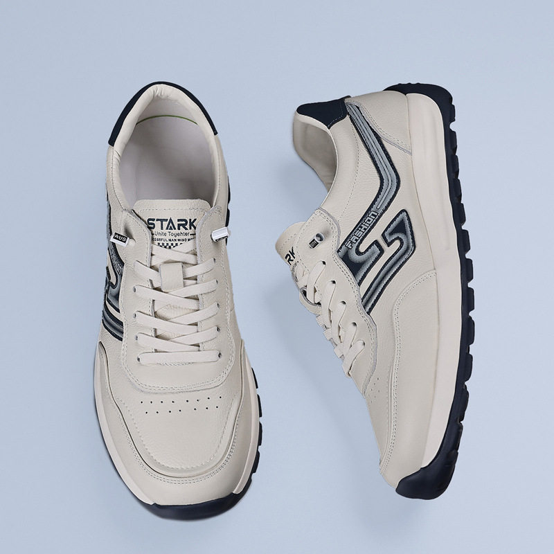 Giày sneaker nam da bò lớp đầu, kiểu Forrest Gump, da thật mỏng nhẹ thoáng khí, đế xốp, cổ thấp — Hạnh nhân trắng, Trắng xanh