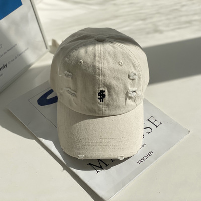 韩国米色复古牛仔破洞字母棒球帽鸭舌帽男女ins潮遮阳春夏季帽子|ms