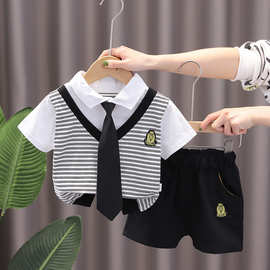 男宝宝夏装套装2024新款小童韩版帅气男童夏季领带条纹短袖两件套
