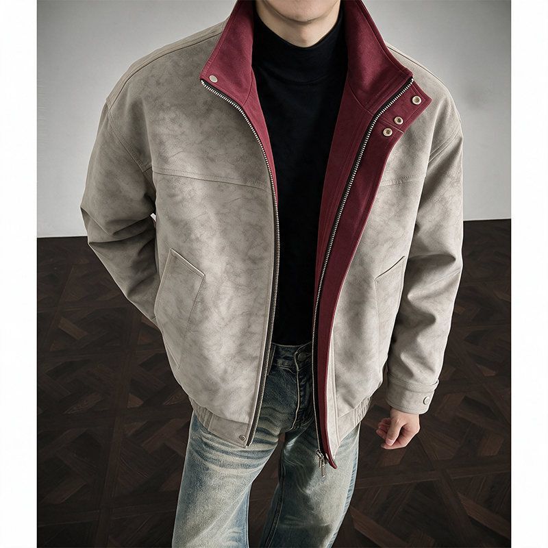 New autumn and winter vintage American-style trendy color-blocked stand-collar PU leather jacket for men and women, versatile for commuting and suitable for couples New autumn and winter vintage American-style trendy color-blocked stand-collar PU leather jacket for men and women, versatile for commuting and suitable for couples