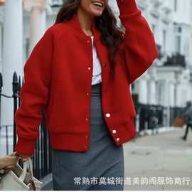 UC&ZA 跨境速卖通欧美风新款女装气质红色宽松百搭毛呢棒球服外套