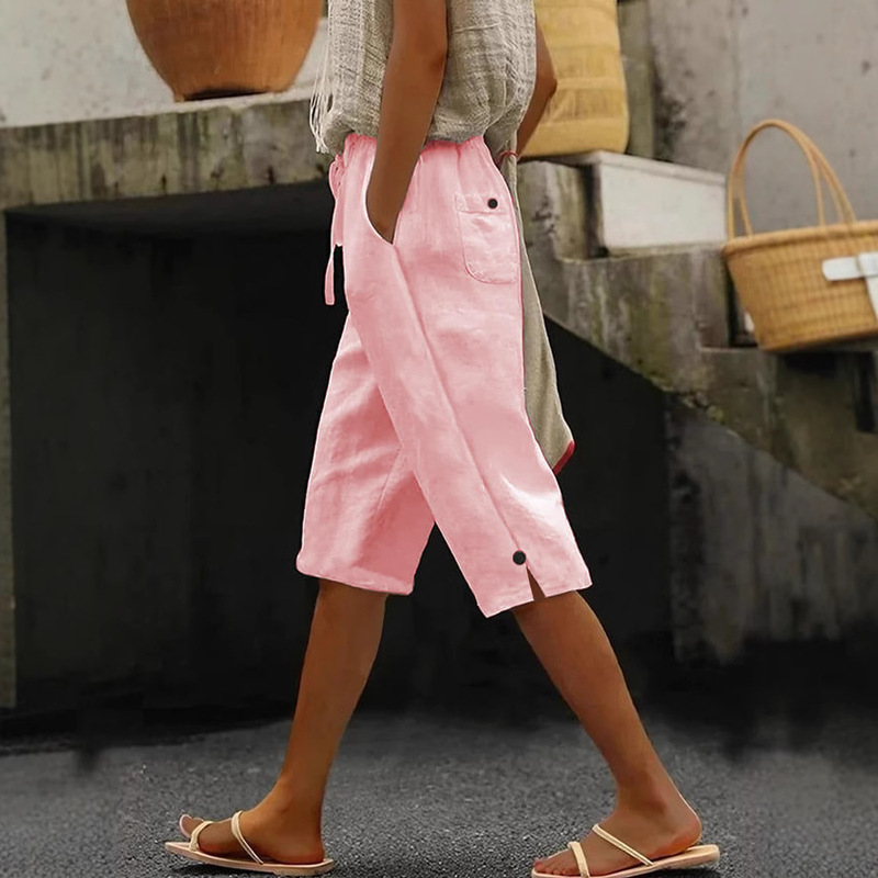 European and American Cross-Border Spring and Autumn New Women's Pants Cotton and Linen Solid Color Fashion Casual Daily Side Pocket Drawstring Elastic Cropped Pants