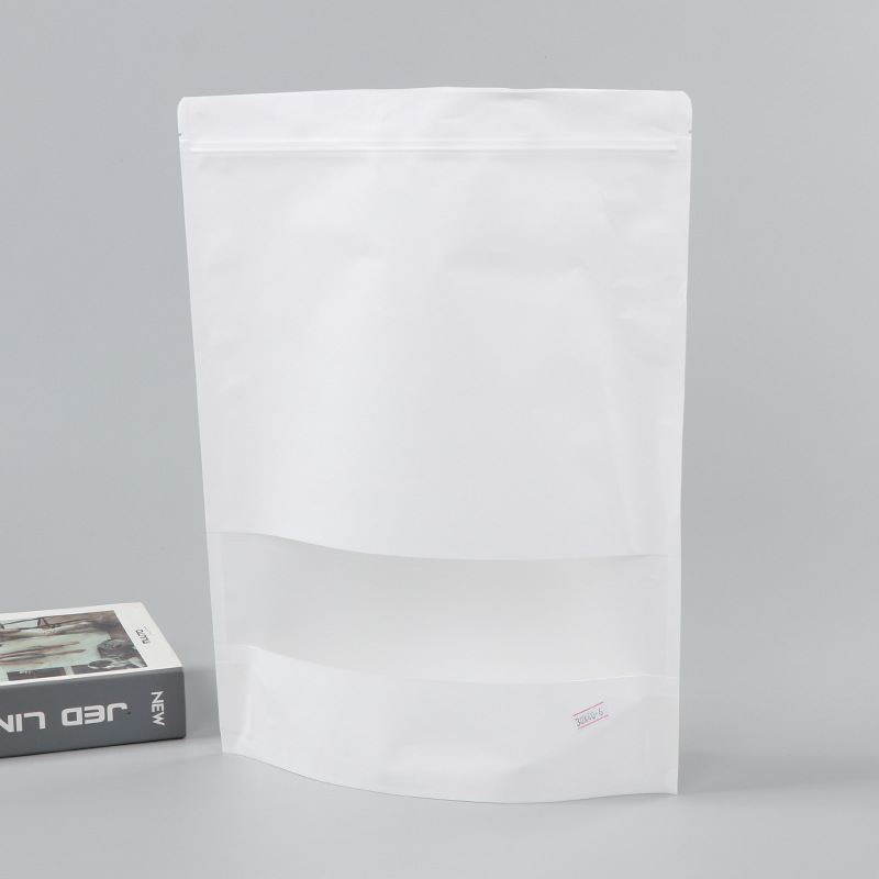 Spot bolsa de papel kraft con ventana transparente bolsa de embalaje de alimentos autosellada autoportante bolsa de té sellada de ocho lados fácil de rasgar