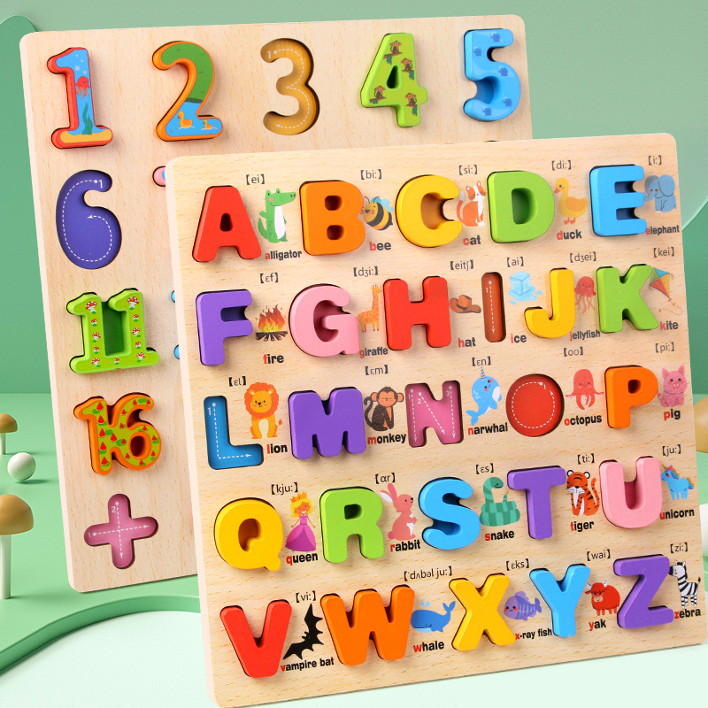 Tablero alfanumérico de madera transfronterizo Puzzle Montessori Cognitive Early Education Learning Caja de color a juego Tablero de agarre de mano Juguetes para niños