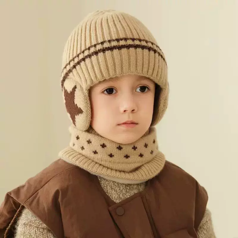 跨境秋冬新款儿童帽子韩版加厚保暖耳包帽男宝宝毛线针织围脖套款
