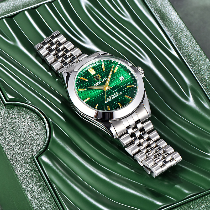 BENYAR calendario ondulado de acero inoxidable nocturno correa de reloj mecánico automático para hombres BY - 5209M