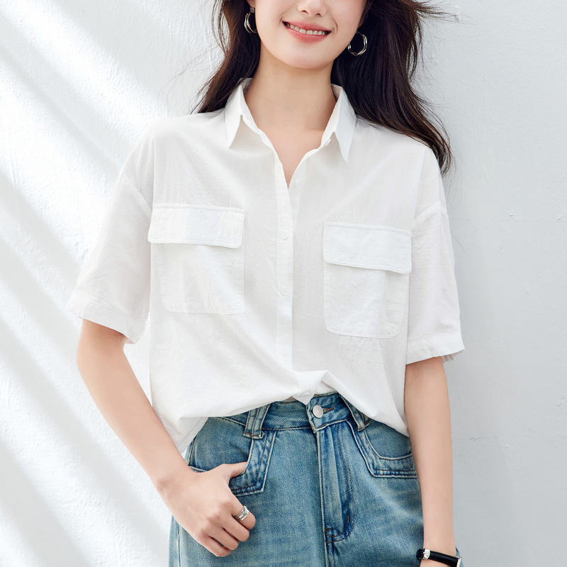 White Short-Sleeve Women's Shirt 2026 Summer New Korean Style Loose Fit with Double Pockets Thin Versatile Pure Cotton Shirt White Short-Sleeve Women's Shirt 2026 Summer New Korean Style Loose Fit with Double Pockets Thin Versatile Pure Cotton Shirt
