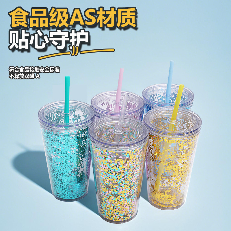 Pajita de plástico de doble capa con logotipo, taza de té con leche, taza simple y portátil, taza de té de frutas con lentejuelas, taza de verano
