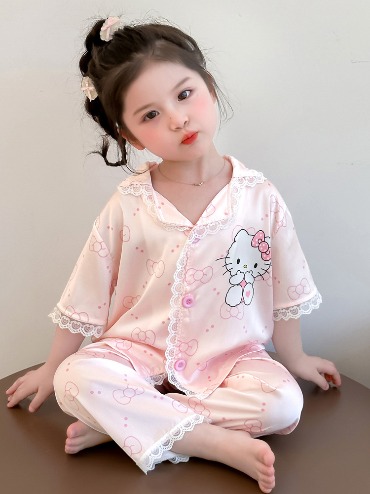 Pijamas para niñas 2025 nuevo estilo de verano para niños, traje de encaje de manga corta de seda de hielo, ropa de casa para bebés lindos de dibujos animados