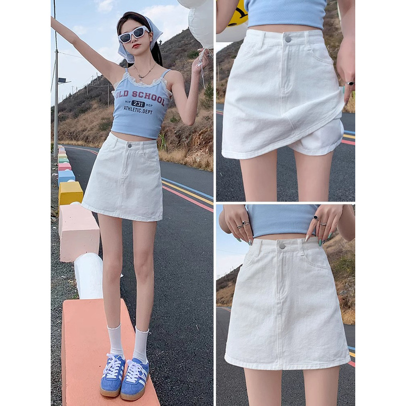 White Denim Skirt Short Skirt for Women Summer 2025 New High-Waisted Slimming Look Anti-Exposure A-Line Skirt Hip-Covering Culottes