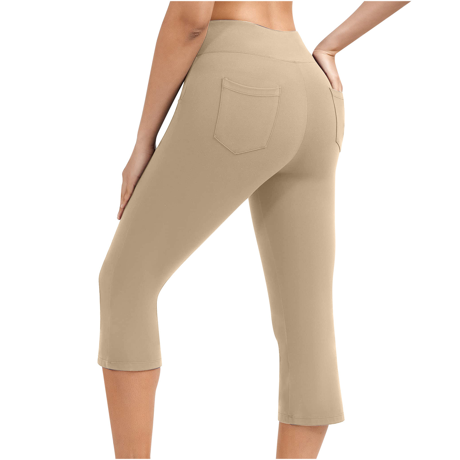 Neue Yoga-Hose für Damen, einfarbig, Vordertasche, hohe Taille, aufgesetzte Tasche hinten, Hip-Lift, Sport-Caprihose_voghion.com