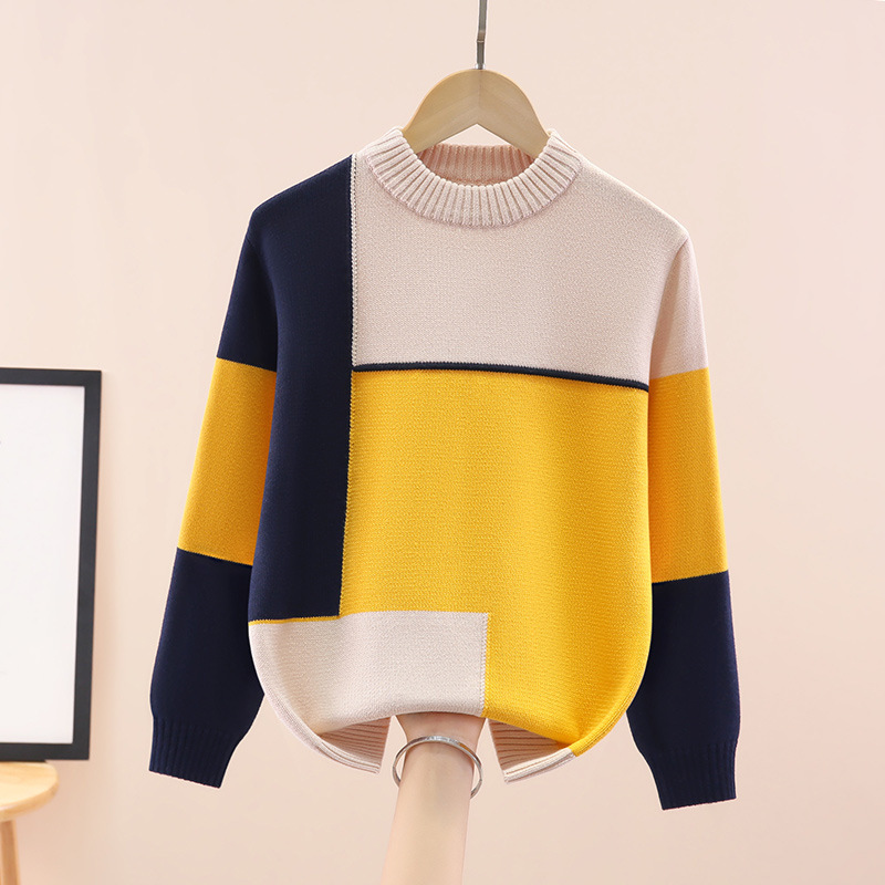 Boys' Sweater Round Neck Pure Cotton Children's Knitwear Color-Blocking Baby and Older Boys' Fleece-Lined Thickened Autumn and Winter Sweater