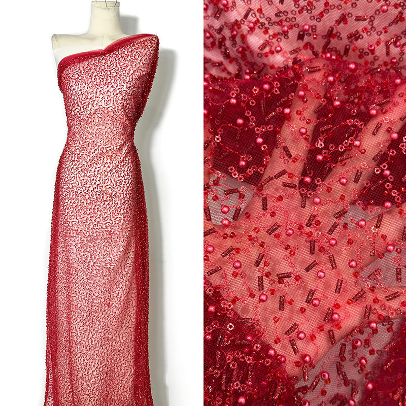 Tejido de bordado de perlas de tubo de bordado de perlas de cifrado vestido de boda vestido vestido vestido de escenario tela de bordado de perlas de malla completa