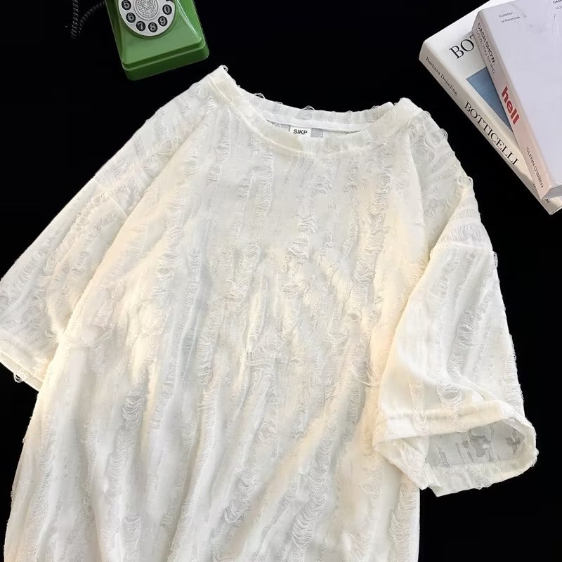 Men's Ripped Distressed Short Sleeve T-Shirt Hong Kong Style Trendy Cool Design Summer Loose Fit Couple's Five Quarter Sleeve Top_voghion.com