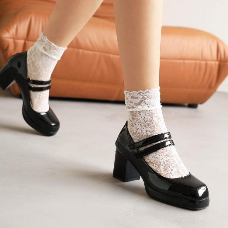 Square head Velcro double buckle solid color waterproof platform chunky heels_voghion.com