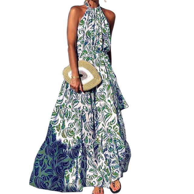 fashion floral halter off-shoulder hanging neck bohemian long dress NSYF53241