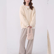 花田橱窗元气软妹~韩系圈圈仿羊羔毛连帽拉链开衫毛衣外套女