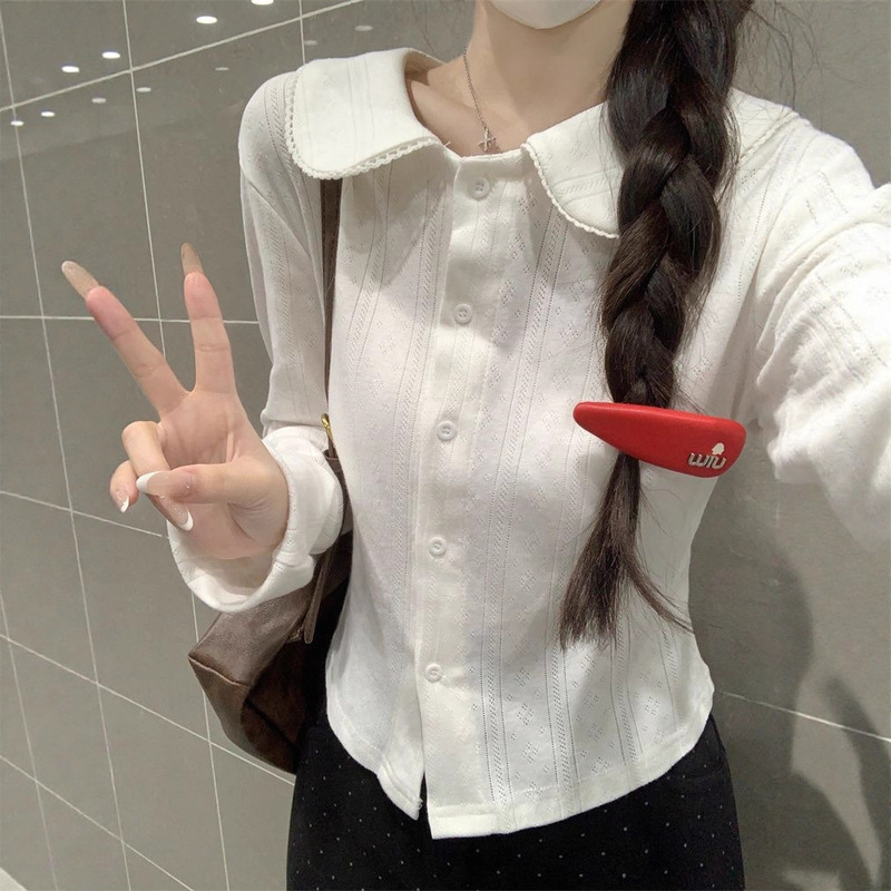 Gentle Doll Collar Lace Design Long-Sleeved Knitted Cardigan T-Shirt for Women in Autum as a Base Layer and Outer Top