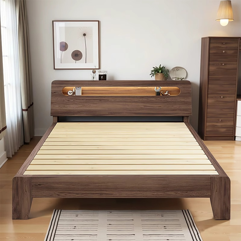 Solid Wood Bed Double Bed Single Bed Panel Modern 1.258m Economical Bed Frame for Rental House B&B High Box