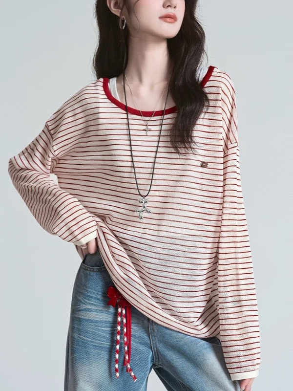 バックレスストライプ長袖日焼け止めブラウス Tシャツ女性のための 2025 夏の新しいスタイルバック中空トップ|undefined