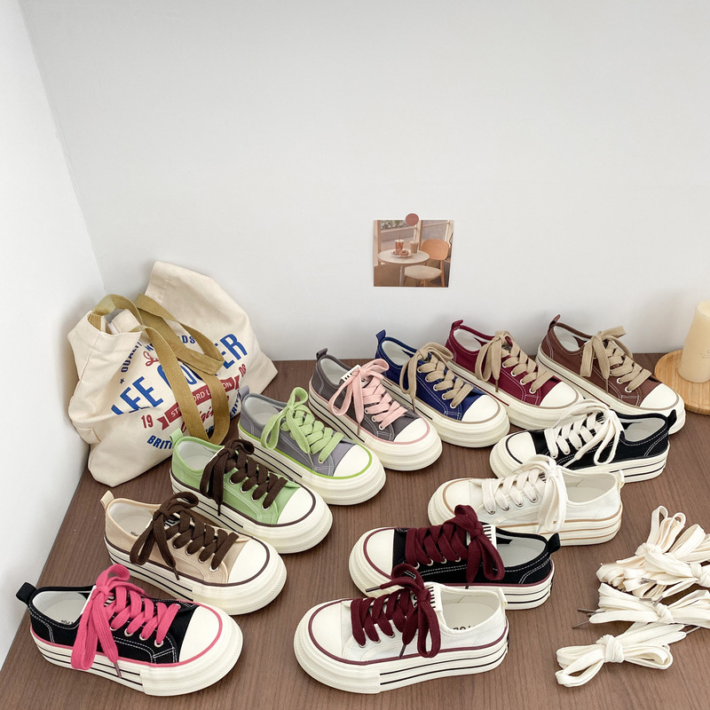H1323 Elastic Band/Two Shoelaces Popular Thick-Soled Canvas Shoes Women's Round-Toe White Shoes Versatile Thin Sneakers H1323 Elastic Band/Two Shoelaces Popular Thick-Soled Canvas Shoes Women's Round-Toe White Shoes Versatile Thin Sneakers