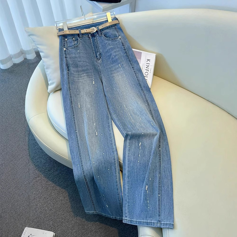 High-End Diamond-Embellished Wide-Leg Jeans for Women, Autumn and Winter 2025 New Style, Loose Fit, Slimming, Rhinestone-Studded, Drapey, Narrow Straight-Leg Pants