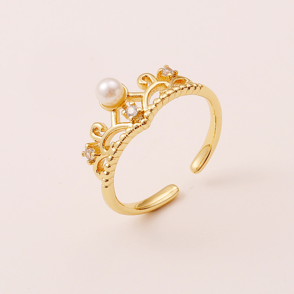 Simple womenu0027s crown copper jewelry cute pearl diamond open ring