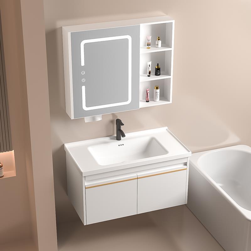 De madera maciza inteligente gabinete de baño blanco combinación de cerámica cuenca integrada pequeño apartamento lavabo de baño lavabo