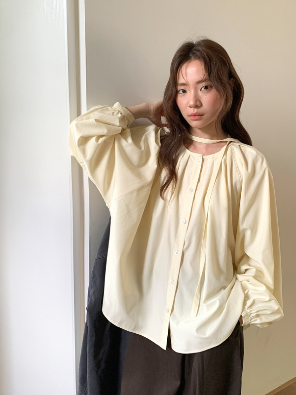 广州十三行2025秋韩宽松系绳收腰单排扣天丝圆领长袖衬衫女02821|undefined