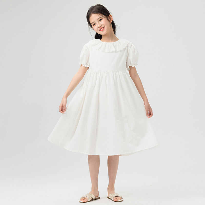 2026 Summer Big Kids' Dress, Pure Cotton White Tie-Dye Girls' Short-Sleeve Dress with Petal Collar, Elementary School Students' One-Piece Dress