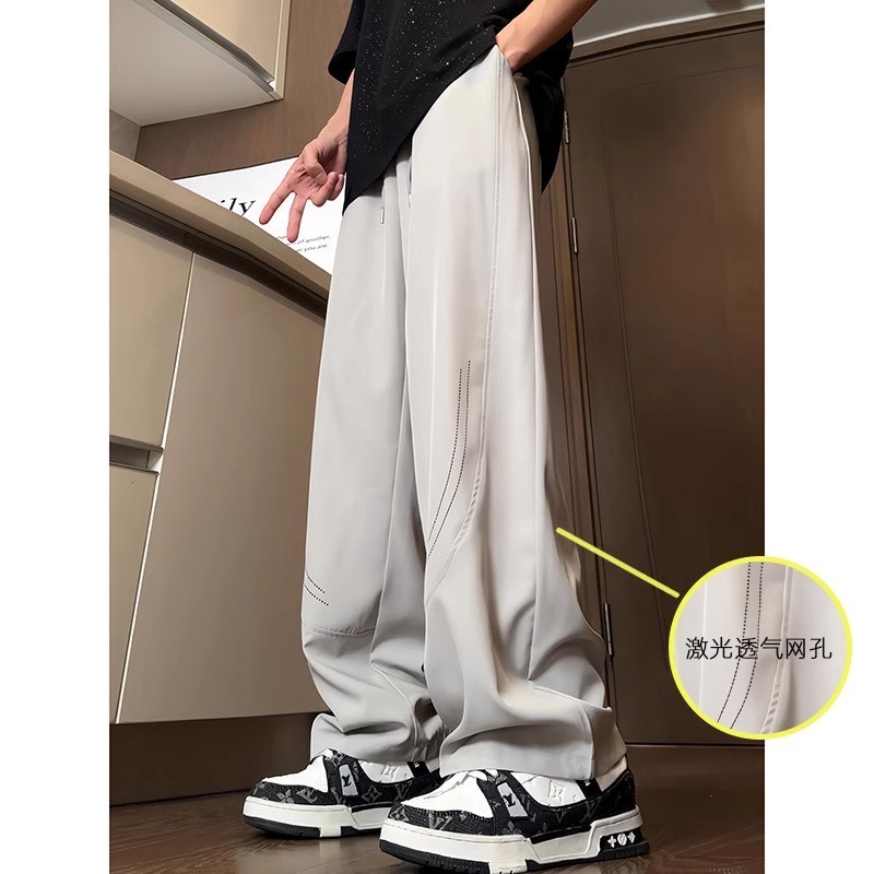 ウッドペッカーレーザー通気性メッシュドレープアイスシルクパンツメンズ夏薄いルーズストレートワイドレッグカジュアルパンツ|undefined