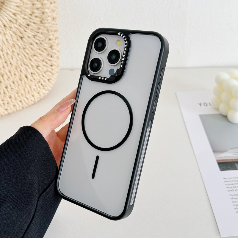 肌触りの良い細い磁気吸着式iPhone17promax用スマホケース、Apple16用蝶結びダイヤモンド付きレンズ保護|undefined