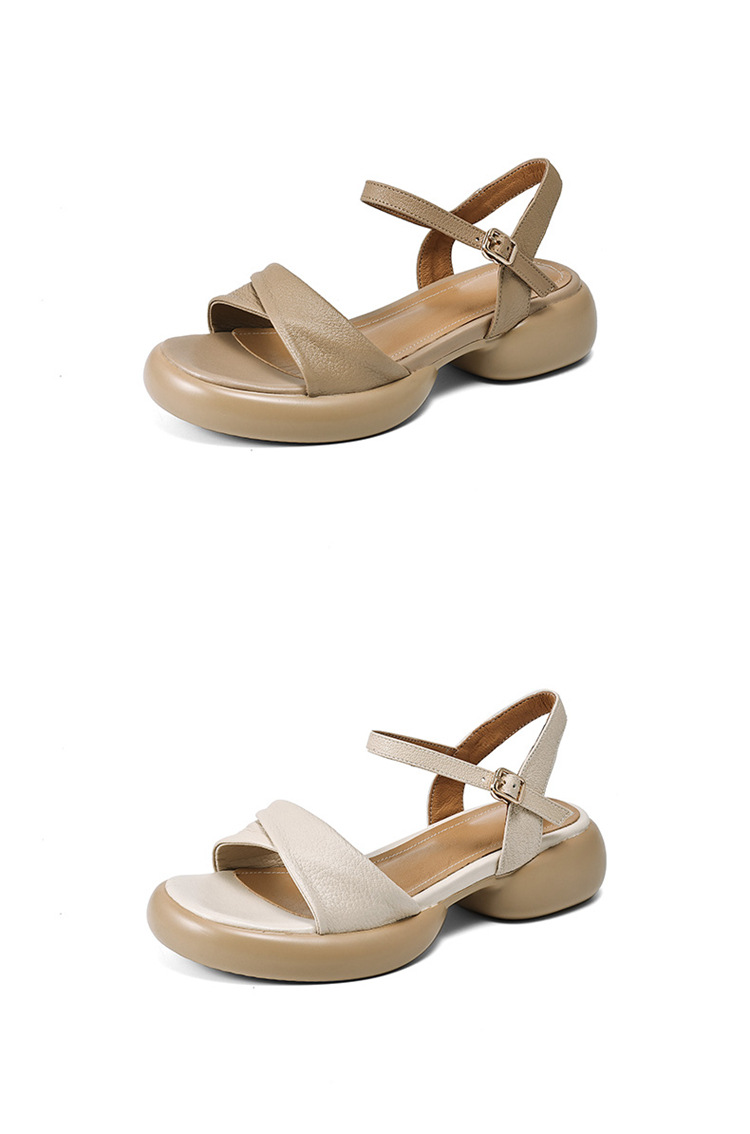 Sandal nữ da cừu đế dày gót thô hở ngón quai ngang phong cách La Mã — Màu trắng be chi tiết 18