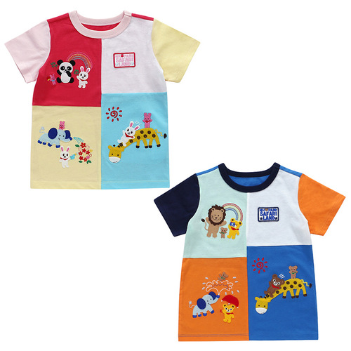 miki children's clothing summer male and female children's cartoon bear and rabbit good friends embroidered color-blocked short-sleeved T-shirts for shipping