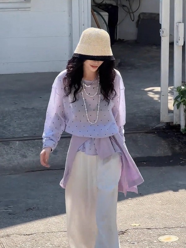 韩系紫色波点长袖针织衫女夏天薄款防晒罩衫宽松显瘦微透上衣|undefined