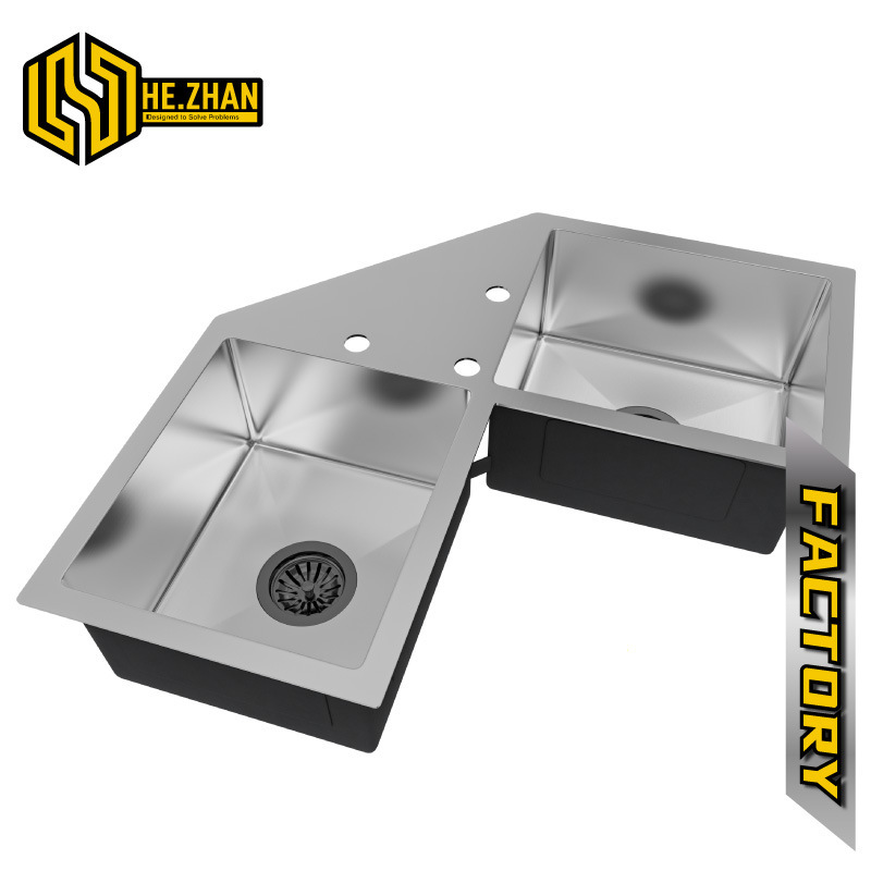 304 stainless steel manual sink table corner 90 degree double groove with faucet hole multifunctional angle groove R rounded kitchen 304 stainless steel manual sink table corner 90 degree double groove with faucet hole multifunctional angle groove R rounded kitchen
