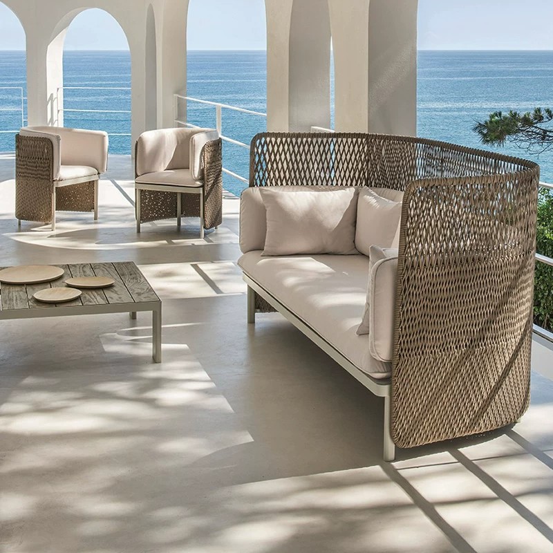 Nordic outdoor sofa, sun-proof lounge bed, open-air balcony, pool courtyard, indoor living room, leisure creative rattan chair and coffee table