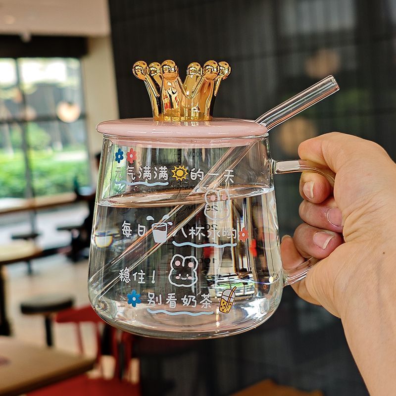 高颜值仙女玻璃杯带盖大容量加热水杯刻度家用可爱吸管杯|undefined