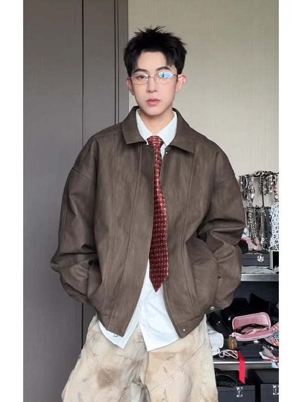 美拉德扎染棕色皮衣外套男款早秋穿搭翻领美式复古短款飞行员夹克|undefined