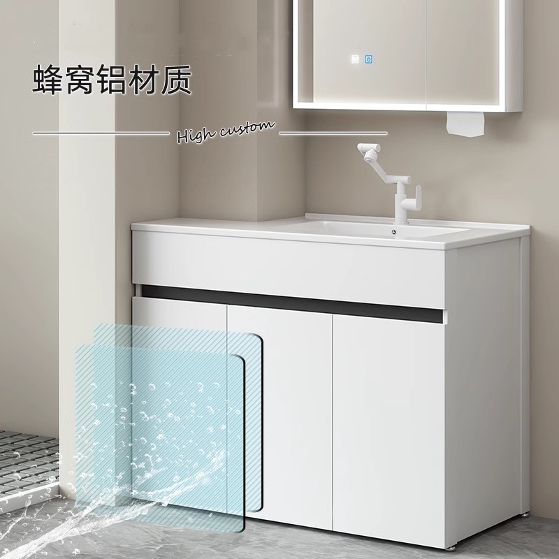 Mueble de baño de aluminio de panal, mueble de baño de piso, mesa de lavado de esquina, tamaño de forma especial, lavabo de cerámica de una pieza