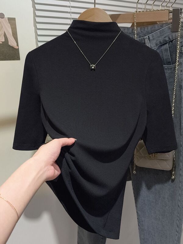 右肩黒ハーフタートルネックミッドスリーブTシャツ女性用2025早春インナーリブニットボトムシャツ七分袖トップ|undefined