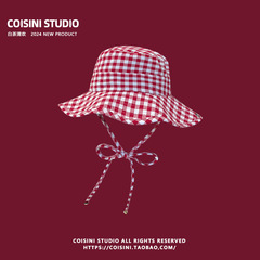 少女風甜美格子漁夫帽女春夏季百搭大帽檐防曬帽防紫外線遮陽帽子