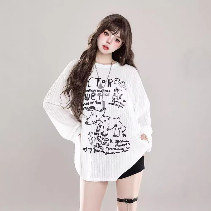 American Style Lazy Style Graffiti Loose Long-sleeved T-shirt Women's Autumn Age-reducing Ins Shoulder Inner Sunscreen Blouse Top Thin