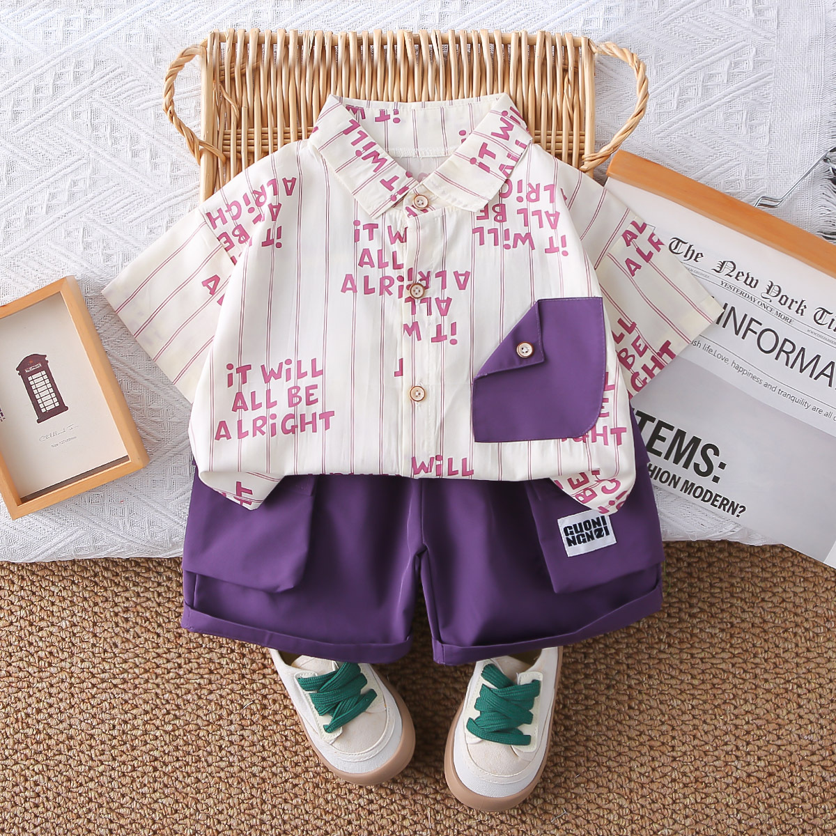 Foreign trade boys summer short sleeve suit 2025 new baby fashion tooling shirt two-piece wholesale tide