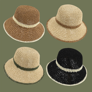 Straw beach hat women's summer contrast color woven crochet straw hat striped sun hat hollow breathable fisherman hat